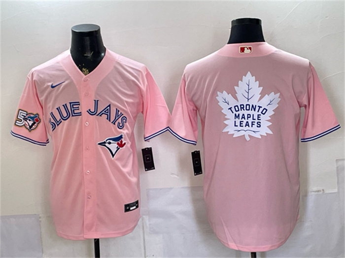 Men's Toronto Blue Jays & Leafs With White Leafs Logo Pink 50 Seasons Patch Stitched Baseball Jersey Men's Toronto Blue Jays & Leafs With White Leafs Logo Pink 50 Seasons Patch Stitched Baseball Jersey